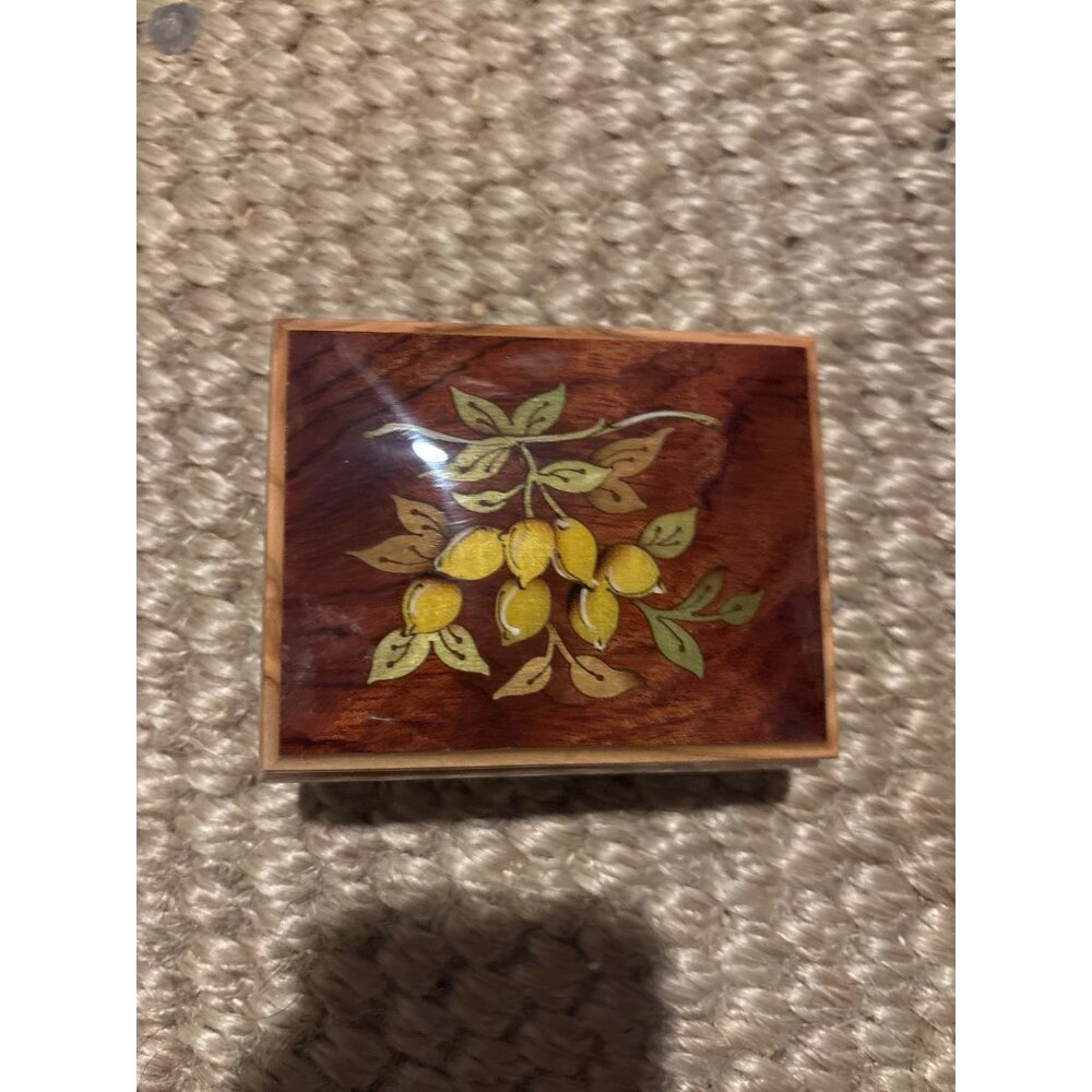 Handcrafted Wooden Music Box With Inlaid Floral Design & Velvet Lining - Made In